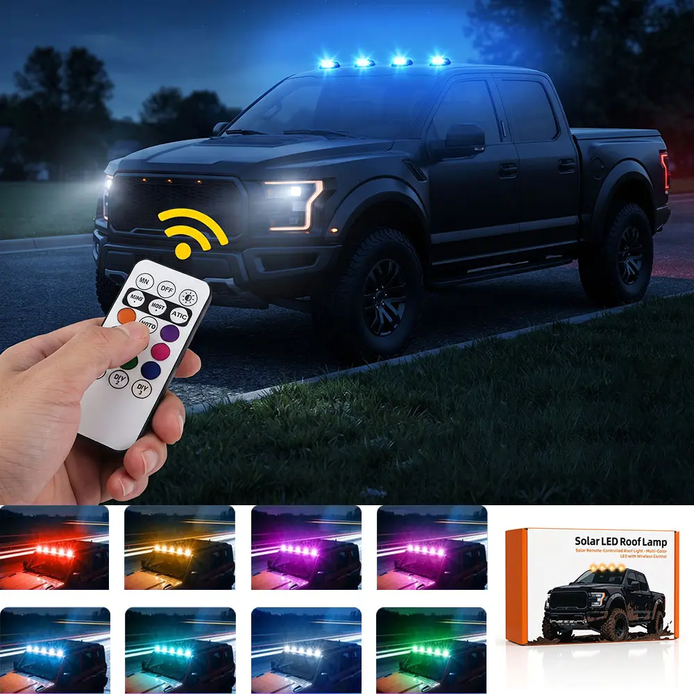 Solar Car Roof RGB Strobe Light with Remote Control Cab Signal Lamp Wireless No Punch LED Truck Pickup Warning Lights for Camping Enhanced Night Visibility & Interior Lighting
