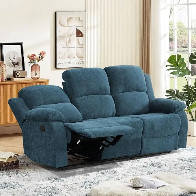 Manual Recliner Sofa Living Room Furniture Set, 3 Seated Recliner Sofa Couch, Blue Manual Reclining Sofas Couch Set for Meeting Room, Manual Button, Drop Down Table, Cupholders for Office