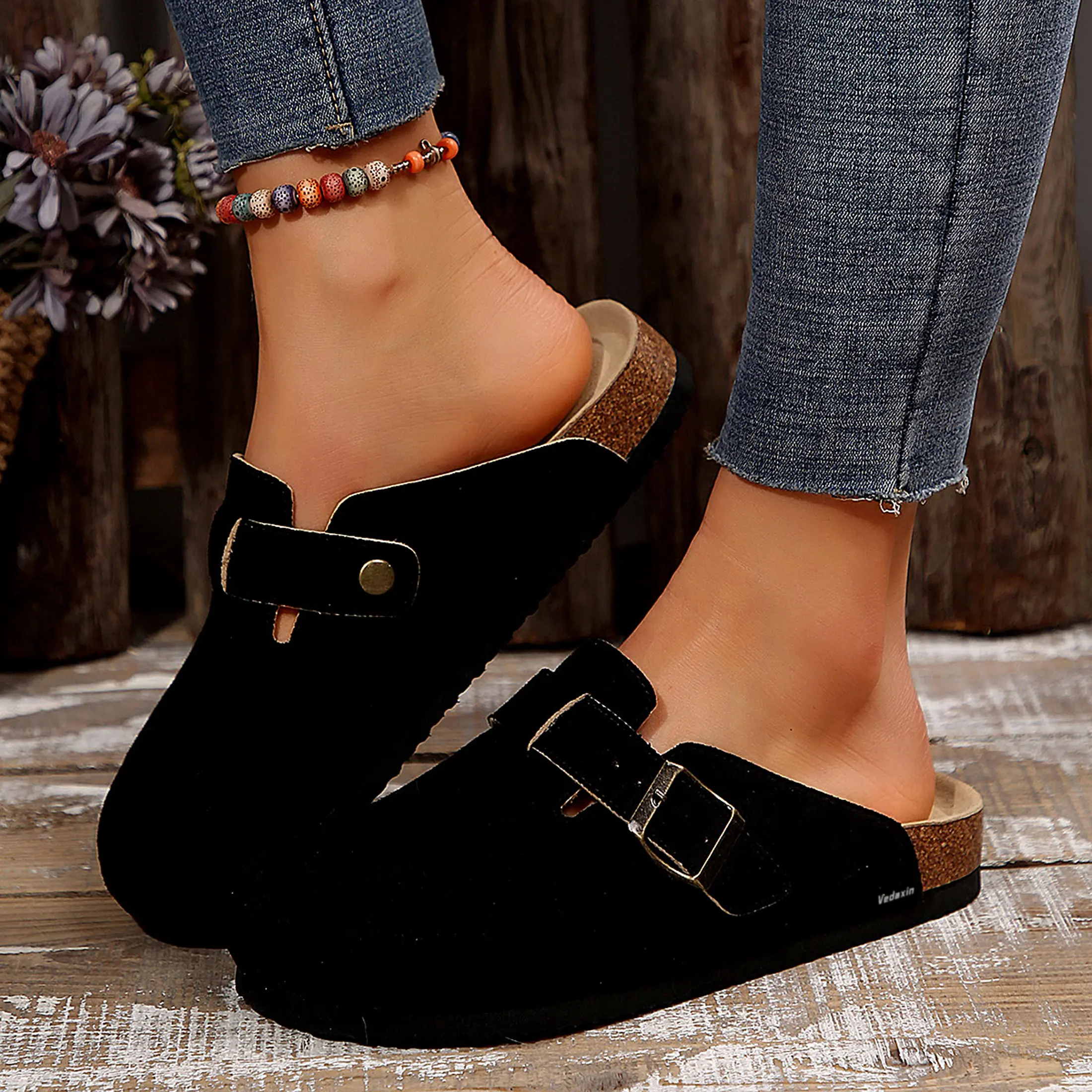 Women's Slippers with Adjustable Buckle Strap Suede Clogs for Women Comfortable Retro Mules Springfresh