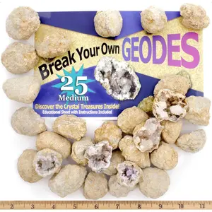 25 Break Your Own Geodes, (Medium 1-1.5") 90% Hollow, Crack Open & Discover Amazing Surprise Crystals Inside!Educational Info and Instructions Included, Fun Party Favors & Prizes