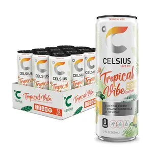 CELSIUeS Sparkling Tropical Vibe, Functional Essential Energy Drink 12 Fl Oz (Pack of 12) Beverage Sweet Sugar Sport