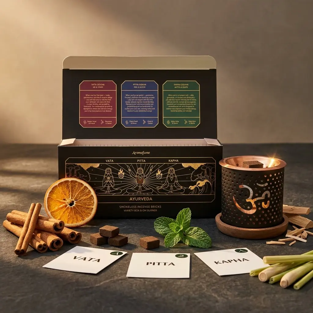 Ayurveda Incense Bricks Gift Set 12 Bricks + Om Burner | Vata, Pitta, Kapha Balancing | Aromatherapy Gift Set | Home Fragrance | Use with Incense Burner | Smokeless and Non-Toxic | Aromafume