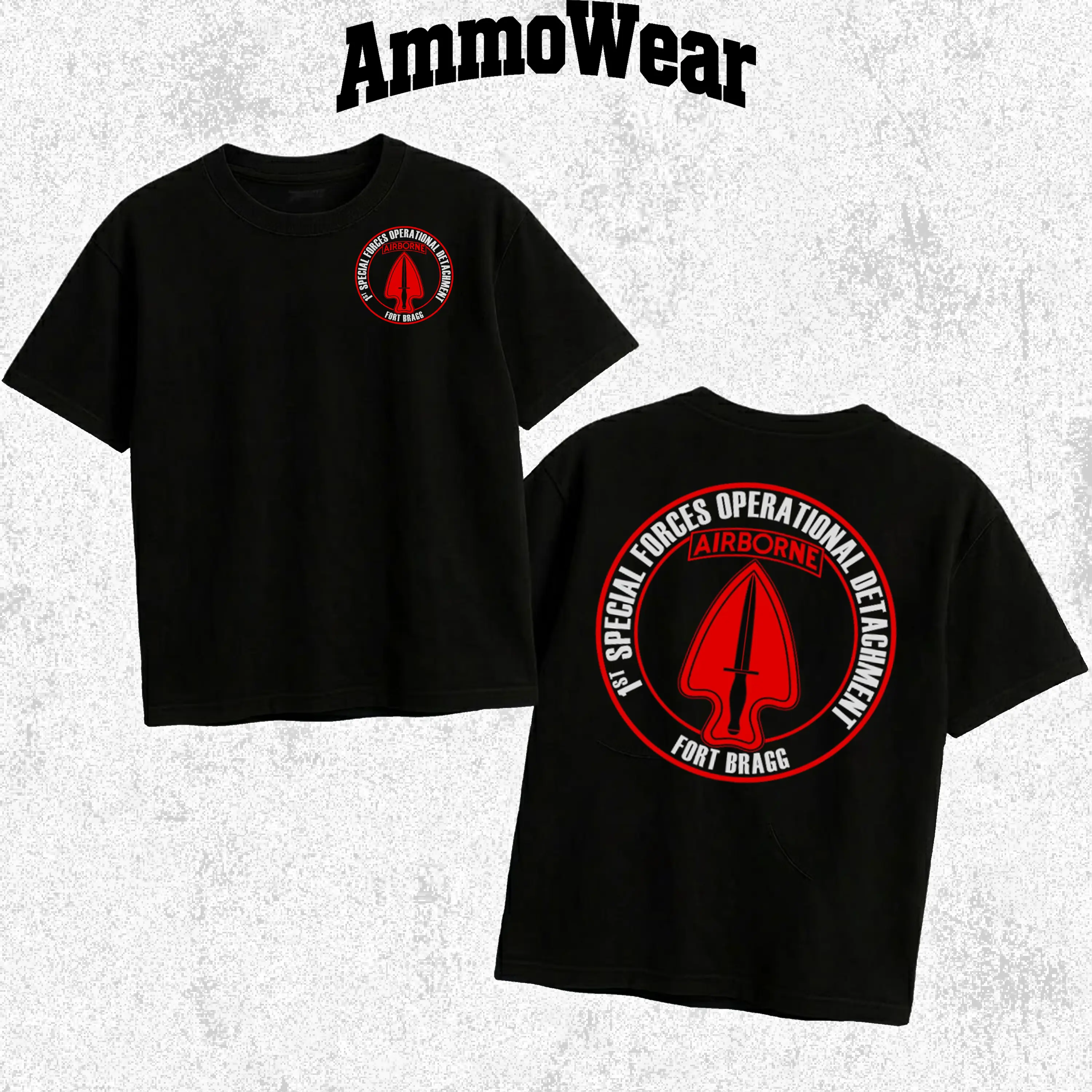 1st Special Forces Operational Detachment Airborne Red Graphic Tee, US Army Delta Force T-Shirt, Fort Bragg Military Veteran Apparel, Unisex Casual Black Short Sleeve Everyday Shirt, Tactical Special Ops Supporter Gear