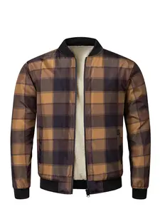 Quilted Men's Plaid Coat with Ribbed Trim Warm Faux Shearling Lined Jacket for Fall Winter Brown Checkered Design