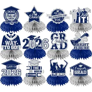 12pcs 2026 Graduation Table Decorations Silver and Navy Blue Honeycomb Centerpieces for Class of 2026 Congrats Grad Table Decor