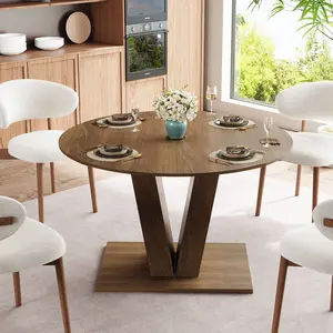 47.2in Round Dining Table with Marble, Deformed Dining Table for 4-6, Modern Kitchen Table with V Shaped Wood Base for Living Room Dining Room (Walnut)