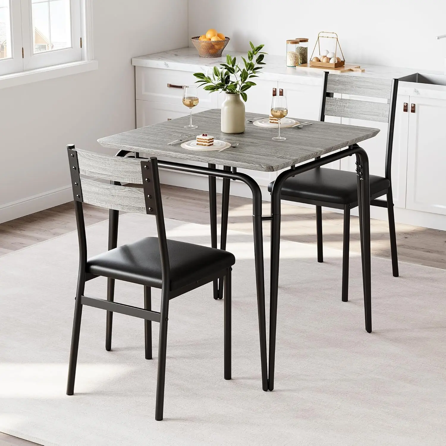 3-Piece Dining Table Set, Sturdy Wooden Square Table and Chair Breakfast Table Set for 2 Person,for Home or Commercial Dining Room,Grey