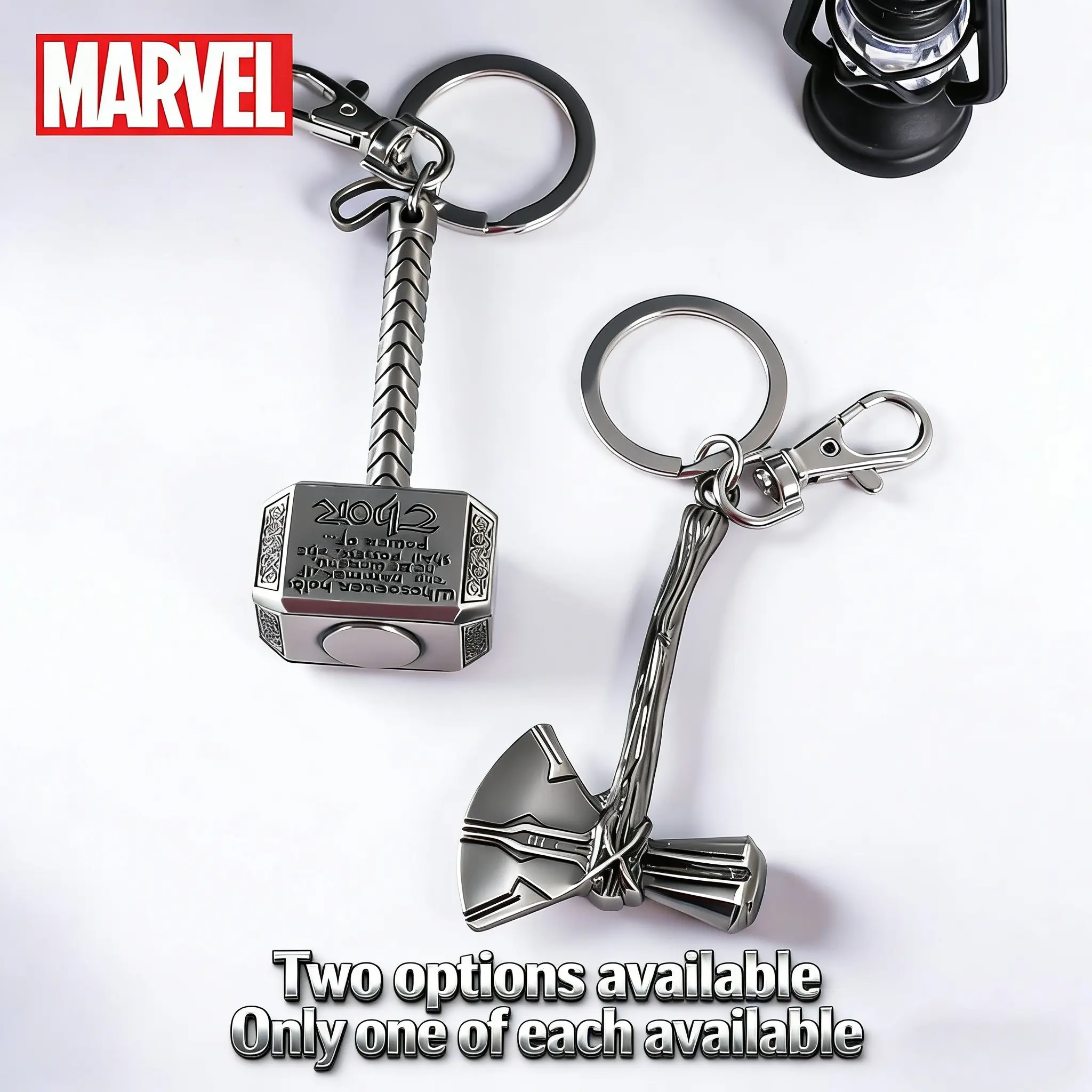 Officially Licensed 1/2PCS Marvel Thor Weapon Keychain Set Mjolnir Hammer & Stormbreaker Axe Pewter Silver Keyrings Fashionable Alloy Keychain Backpack Wallet Accessories Bag Clip Luggage Charm Cool Gift for Boyfriend Avengers Fans Keychain Collectibles