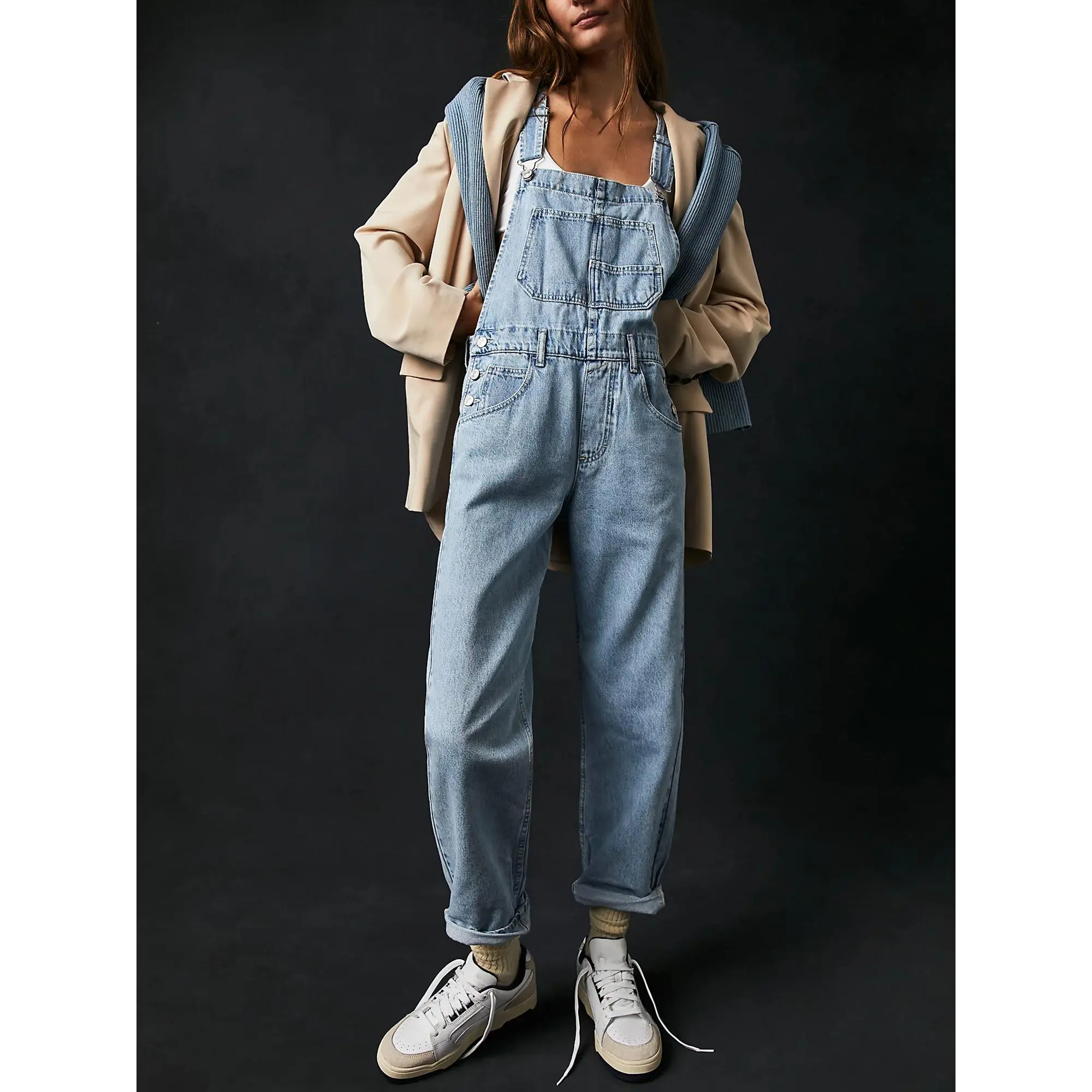 Women's fashionable Y2K casual loose denim overalls, workwear, jumpsuit, suitable for all seasons, 65% cotton