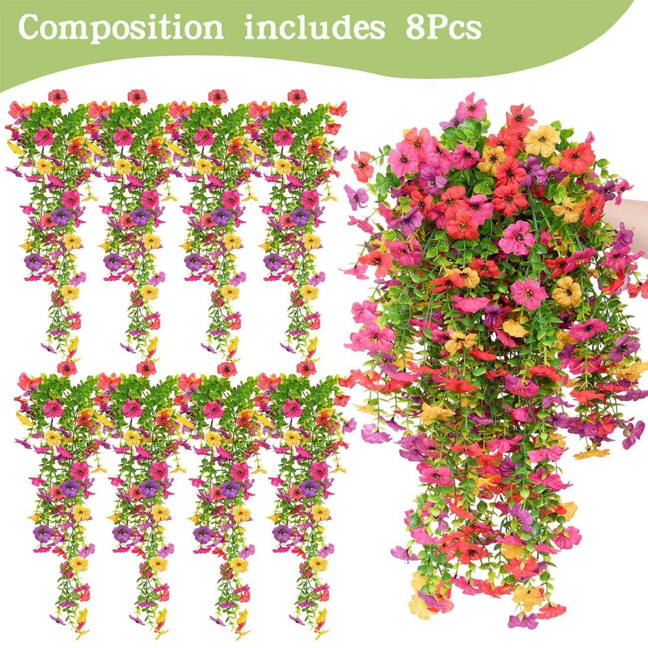 8 Pcs Faux Silk Daisy with Eucalyptus Leaves - UV Resistant Artificial Hanging Flowers for Outdoor Autumn Decor - Long Trailing Vines for Porch Patio Balcony Yard Indoor Planter summerwins