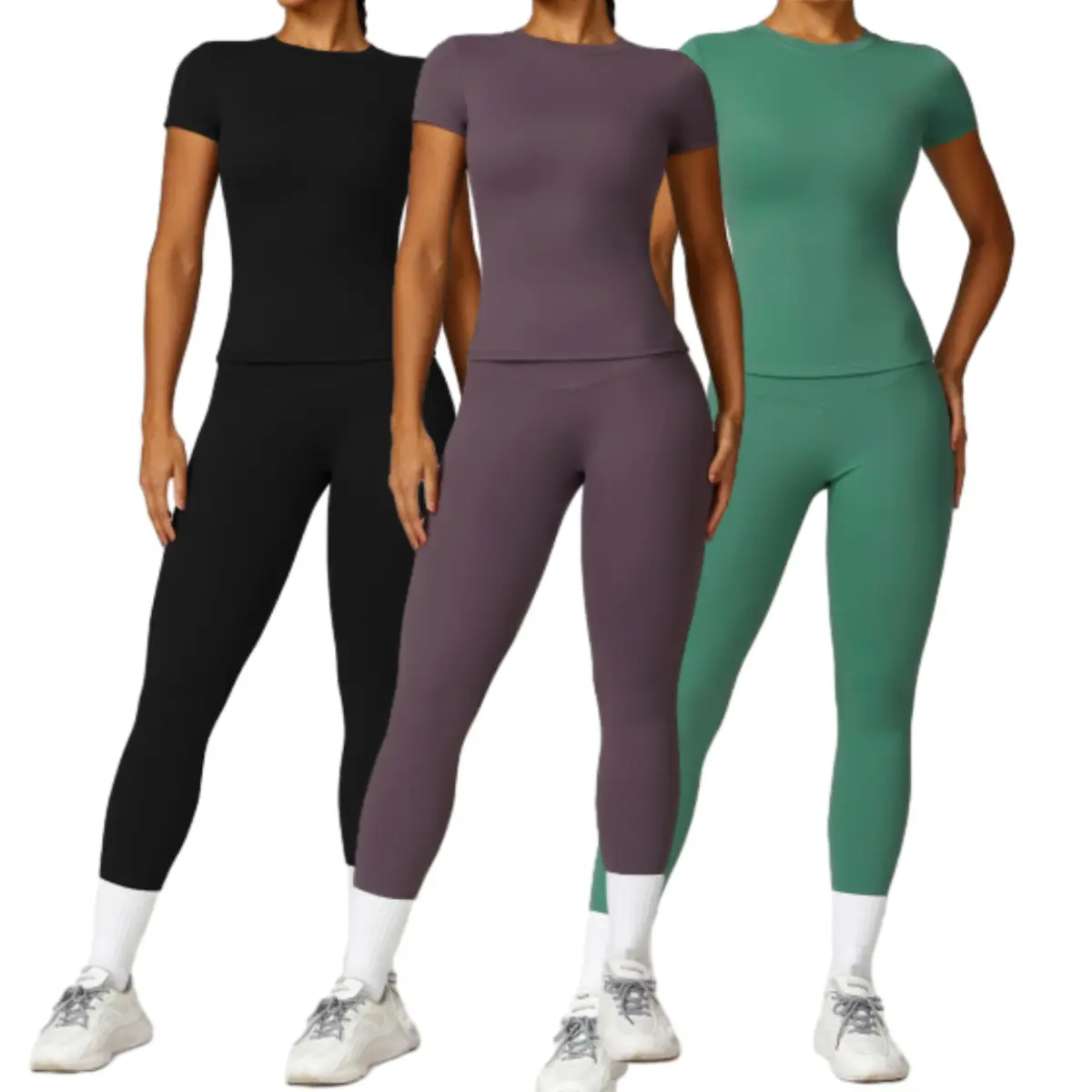 Women's 2-Piece Activewear Fitness Set - High Waist Tummy Control, Peach Butt Lift, Short Sleeve & Long Pants, Athletic Sports Clothing, Skinny Sportswear, Solid Tracksuit Set, Workout Running Clothes for Yoga & Outdoor Casual Use