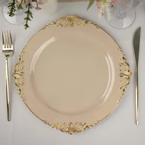 10-Pack Plastic Round Dinner Plates 10" Taupe with Gold Leaf Embossed Rim - Vintage Baroque Style Disposable Plates