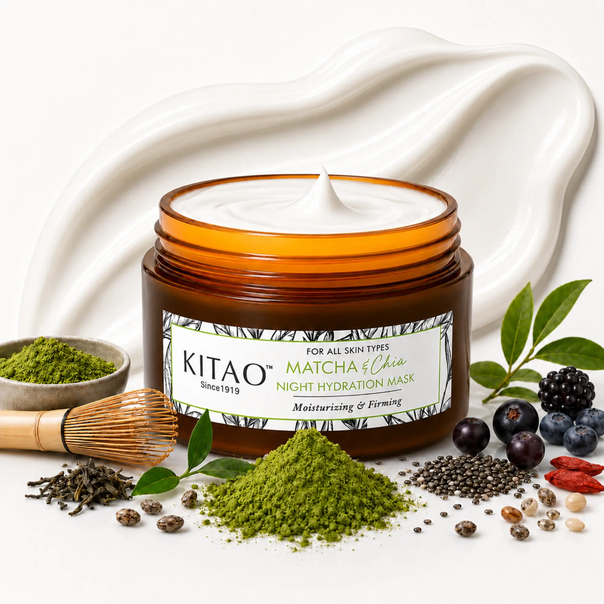 KITAO Matcha Overnight Face Mask Cream for Sensitive Skin, Sleeping Face Mask Skincare, Hydrating Sleep Mask for Face with Chia Seed and Superfood, J-Beauty Skincare 3.52 Oz
