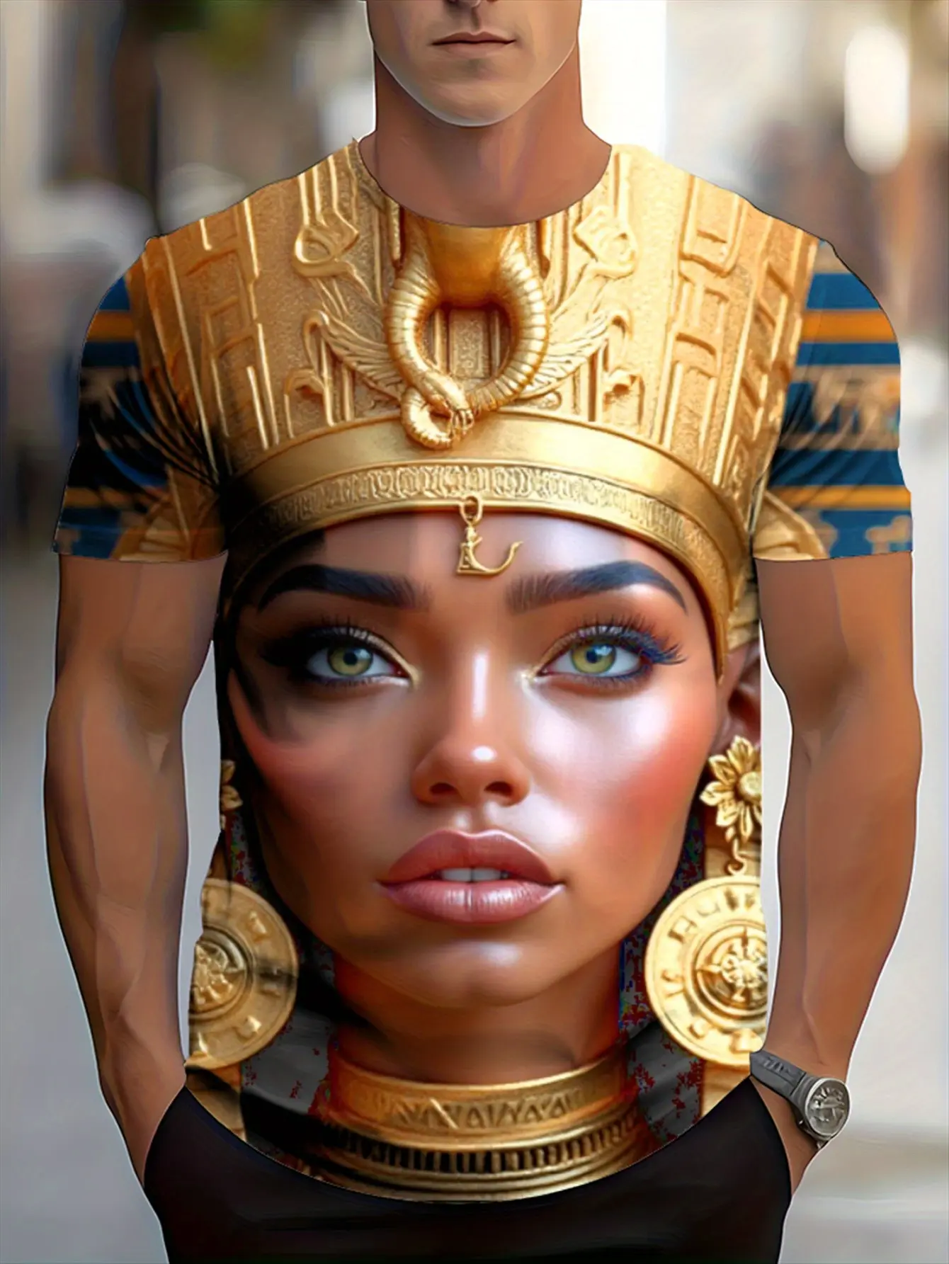 Men'S Big & Tall Egyptian Pharaoh T-Shirt - Ancient Egyptian Royal Tutankhamun Costume with Mask & Hieroglyphic Print, Stretchy Shirt for Themed Parties, Casual Wear - Short Sleeve Egyptian King Outfit
