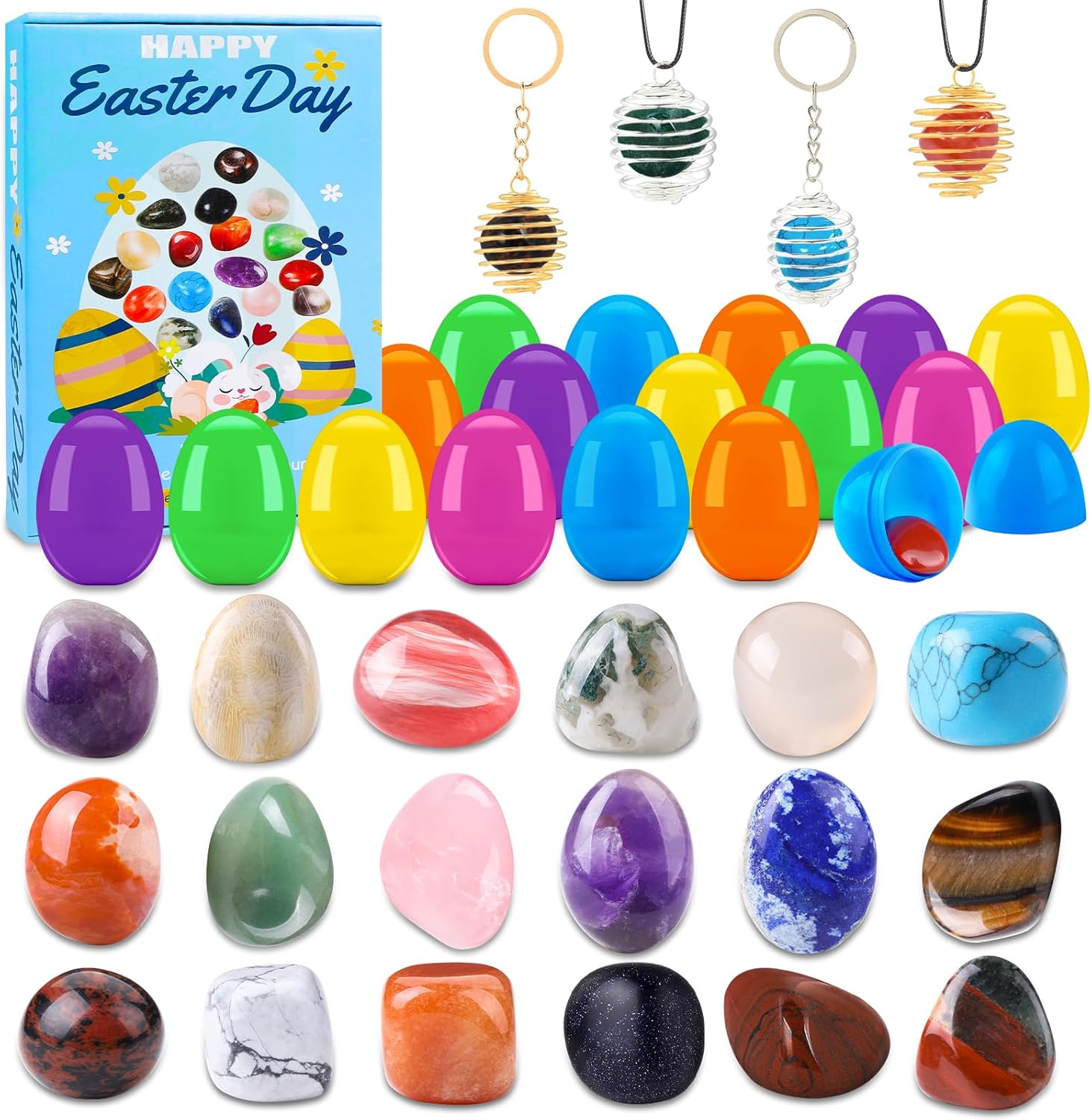 18-Pack Gemstone Prefilled Easter Eggs – Natural Crystals & Mineral Rocks with Necklace & Keychain, Easter Basket Stuffers, Party Favors, Egg Hunt Gifts for Kids
