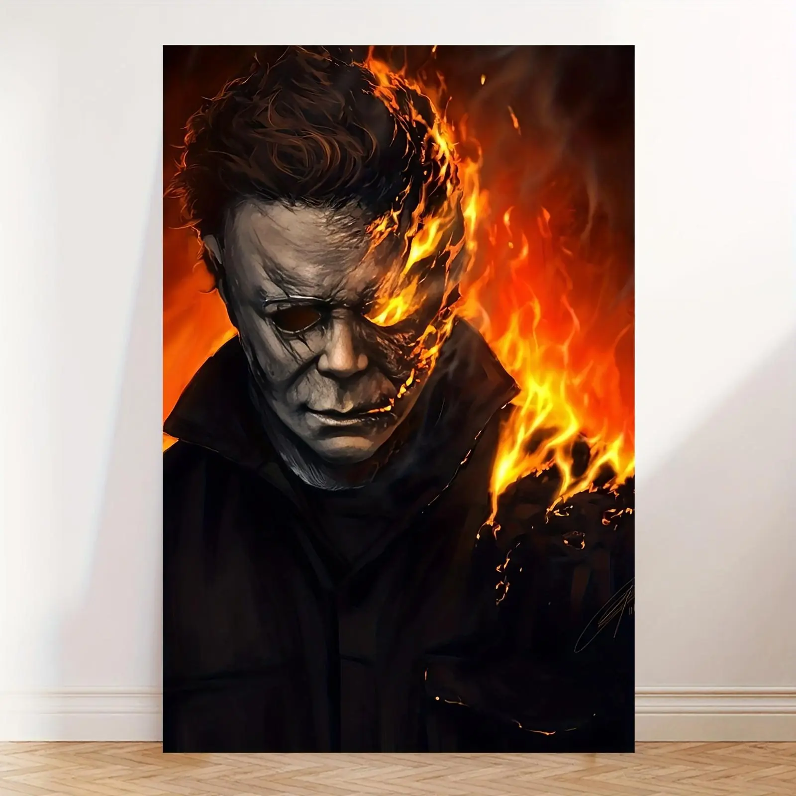 Michael Myers Burning Fire Canvas Wall Art, Halloween Horror Movie Character Portrait Print, Dark Gothic Man Cave Decor Unframed Canvas Poster or Framed Canvas Wrap