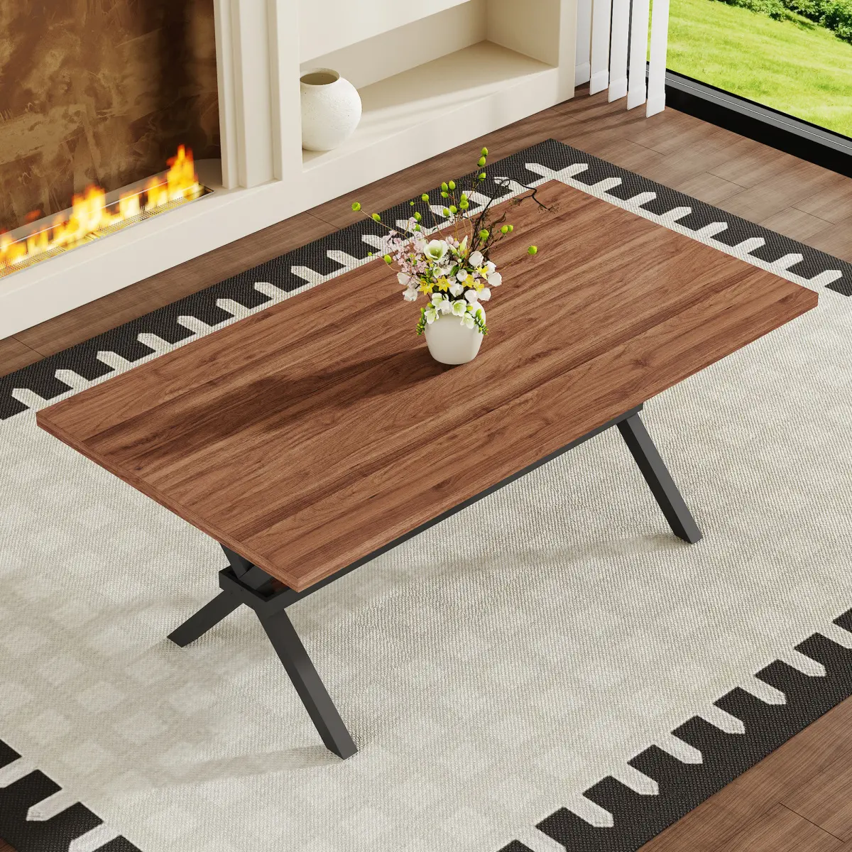 [Bellemave] 71 * 35.4 inch Splicing Desktop with X-shaped Metal Frame Dining Table, Modern Industrial Style Multifunctional Dining Table For Household Dining, Suitable for 6-8 People