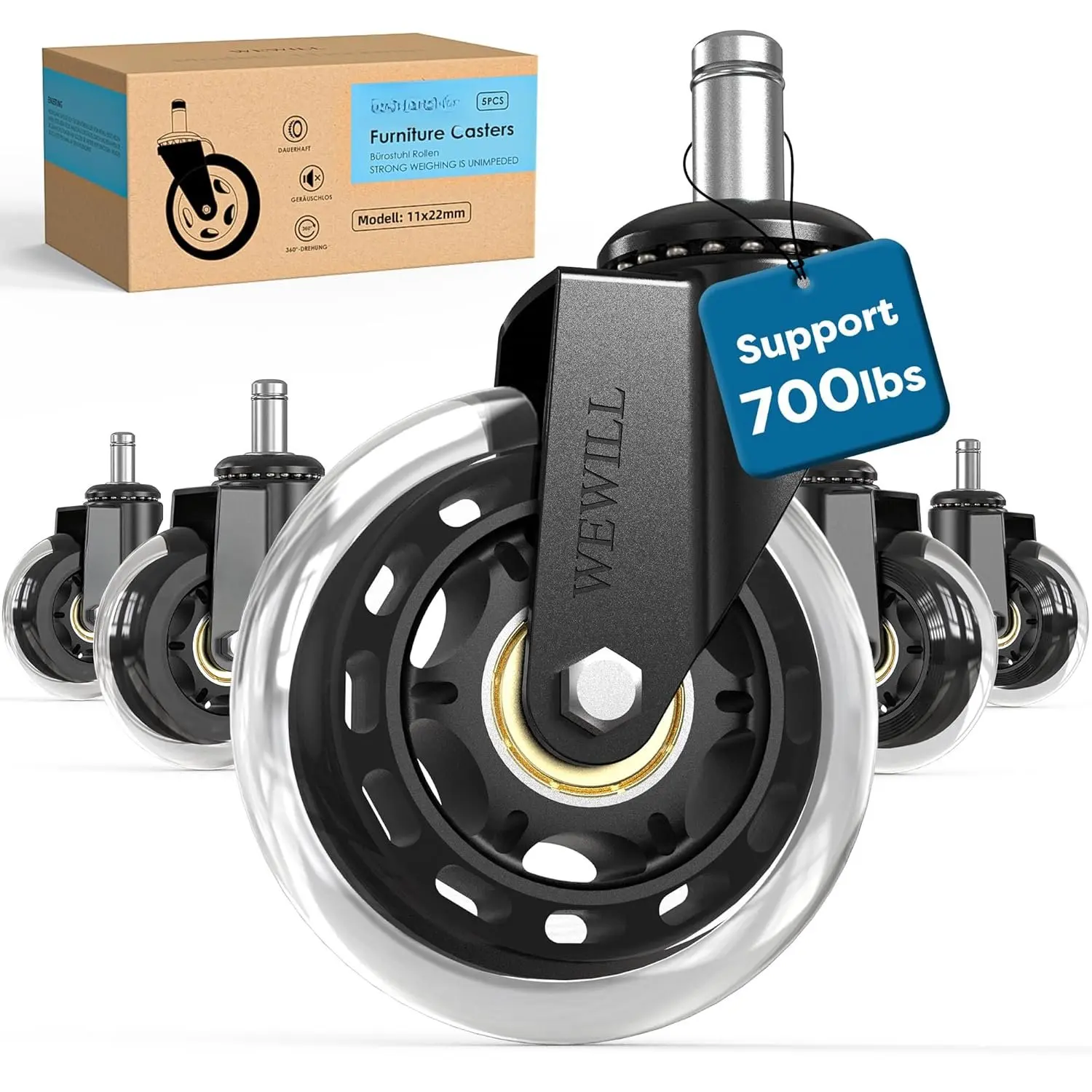 Office Chair Wheels - Rubber Casters Replacement Universal Fit 98% Chair(Set of 5) Heavy Duty 3 Inch Smoothly & Quietly Safe for  Floor, Hardwood, Tile, Carpet, Noise Free - Clear
