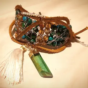 High-D-zynZ, Chrysocolla and Aura Quartz gemstone Bohemian Bracelet with Rough Quartz pendant and Tassel daily use
