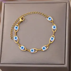Gothic Rainbow Evil Eye Bracelet for Women, Gold Stainless Steel Turkish Demon Charm, Adjustable Beaded Chain Bangle, Trendy Stackable Fashion Jewelry