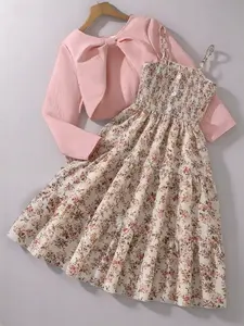 Girls' Ditsy Floral Print Shirt Dress & Asymmetrical Hem Jacket Set, Elegant Design for Kids, Perfect for Spring & Autumn, Kids Fashion
