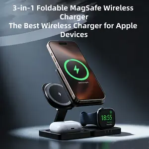 3-In-1 Wireless Charger, Magsafe Charging, Foldable 15w Fast Charger, Compatible with iPhone & Apple Watch, Ideal for Travel & Office
