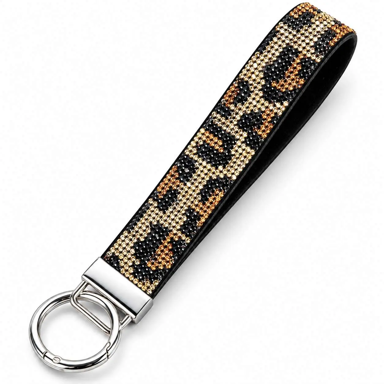 Bling Rhinestone Wristlet Keychain, Leopard Print Leather Key Fob Bracelet with Easy-Open Ring, Hands-Free Car Key Holder and Fashion Gift for Women