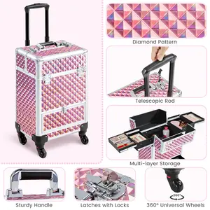 Yaheetech Rolling Makeup Case Aluminum Cosmetic Case Professional Makeup Train Case Large Capacity with 4 Trays & Drawer Yaheetech Rolling Makeup Case Aluminum Cosmetic Case Professional Makeup Train Case Large Capacity with 4 Trays & Drawer