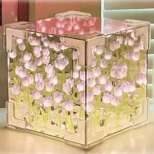 Tulip Night Light - Handmade DIY Tulip Cube Mirror Light, Tulip Flower Table Lamp & Mirror 2-in-1,20 Flowers Tulip Decoration Light Birthday Gifts for Women and Girl(Purple Tulips)