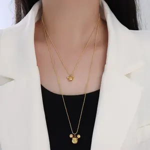 Ins Style Japanese Korean Simple Versatile Necklace Titanium Steel Plated 18K Gold Mickey Pendant Jewelry for Women