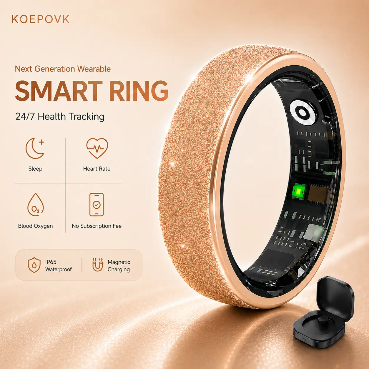 New Sparkly Smart Ring – No Subscription, IP65, Fitness Tracker with Body Temperature Check, SpO2 Monitor, Heart Rate, Sleep, Stress, Step Count, Activity track, Android & iOS Compatible, Fitness Ring for Men & Women