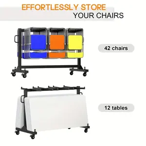 Heavy-Duty Folding Chair & Table Storage Rack Holds 42 Chairs or 12 Tables 550 Lbs Capacity with Locking Wheels Storage Cover Powder-Coated Metal Frame Space-Saving Design Ideal for Garages Events Weddings