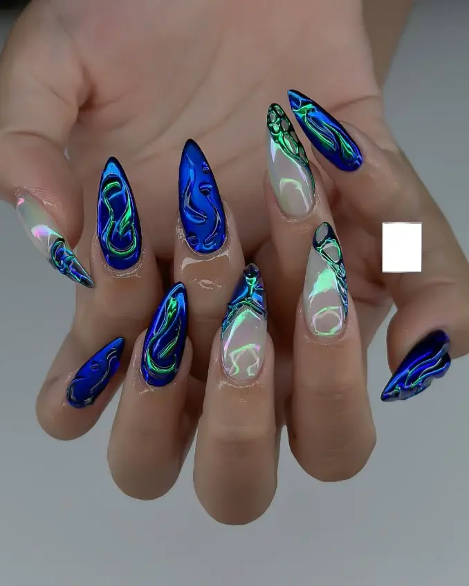 Neon Blue & Green Chrome Press On Nails – 3D Glossy Wave Design, Futuristic Aura Tips, Handmade Statement Nails for Rave & Cyber Y2K Aesthetic