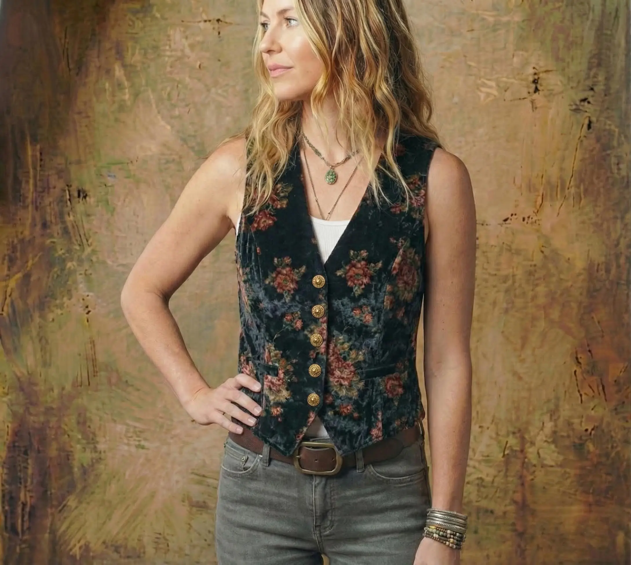 Black Crushed Velvet Vest With Floral Motifs