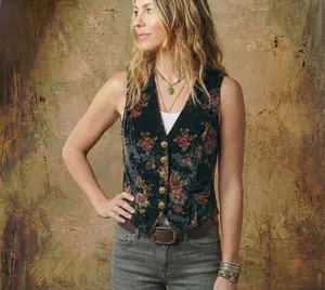 Black Crushed Velvet Vest With Floral Motifs