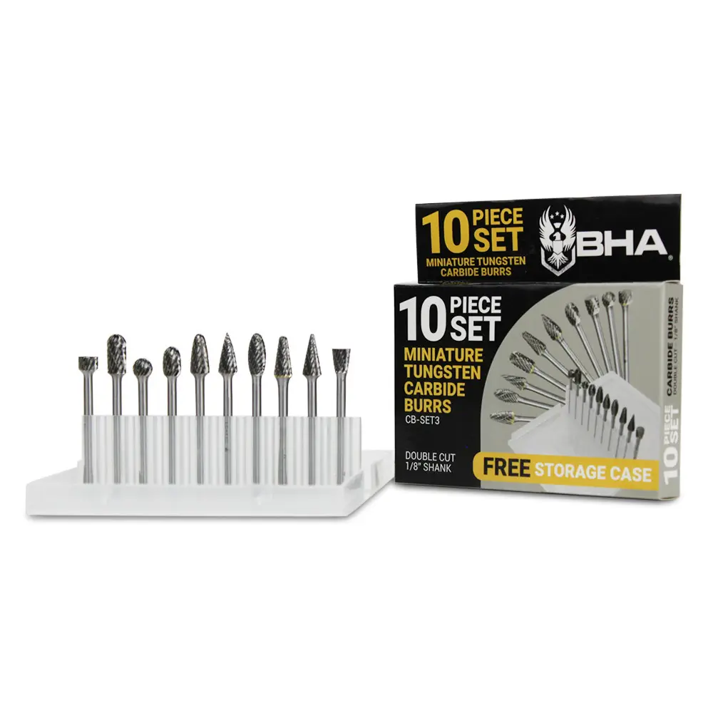 10 Piece Miniature Tungsten Carbide Burr Set, Double Cut – 1/8” Shank