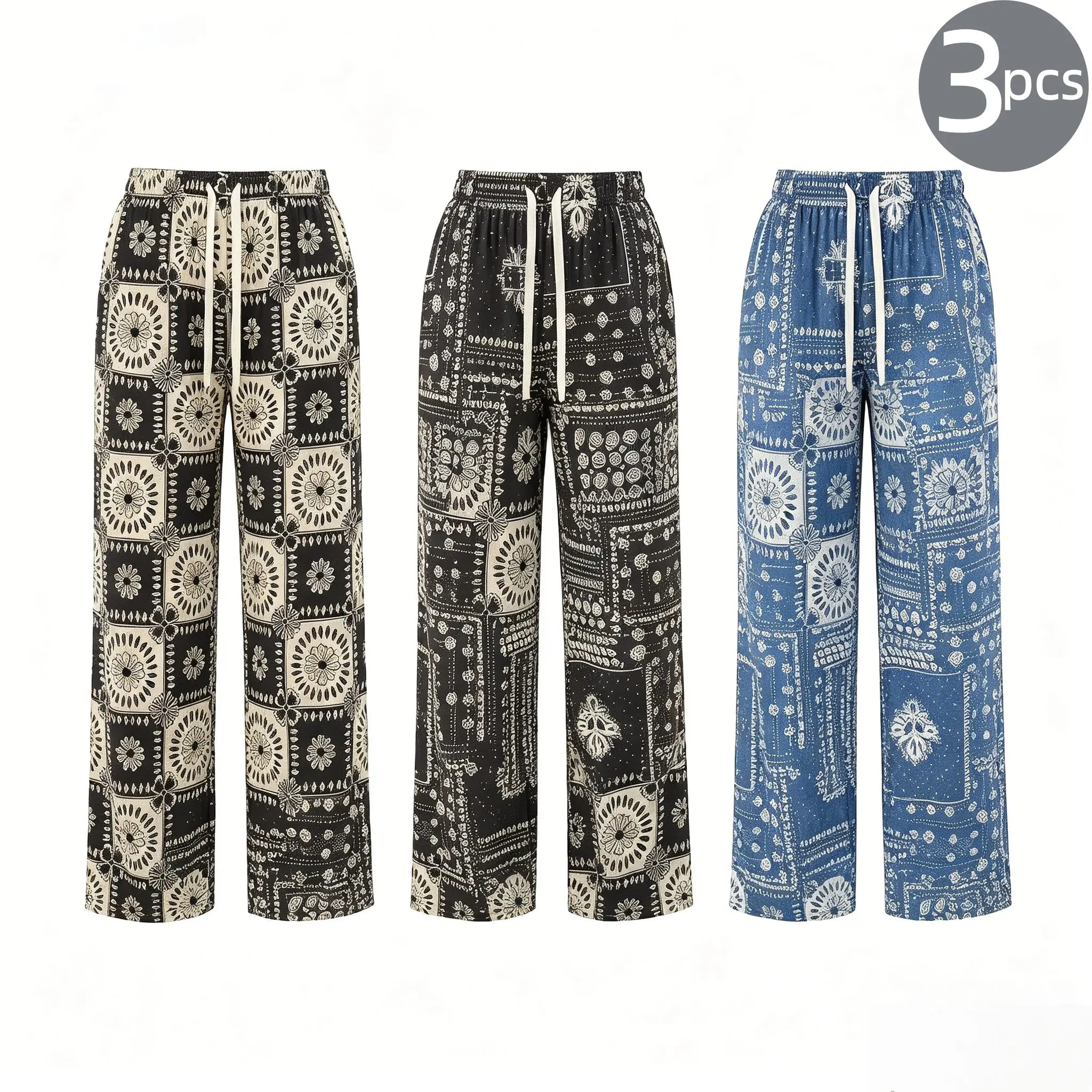 Women's 3-Pack Vintage Printed High Waist Wide Leg Pants, Comfy OOTD Loose Fit Full Length Trousers with Drawstring, Retro Bandana Floral Geometric Print for Summer Beach Daily Wear, Floral Print