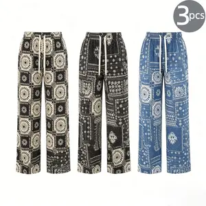 3 Pack Women's Vintage Printed Wide Leg Pants, High Waist Drawstring Comfy Lounge Pants, Retro Bandana Floral Geometric Print Casual Flowy Trousers for Summer Beach Daily Wear Womenswear Bottom Wideleg