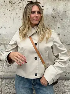 Beige Cropped Trench Jacket Women's Jacket Spring 2026 Minimalist Casual Oversized Button Up Windbreaker Fashion Long Sleeve Lapel Collar Coat Streetwear Outdoor Jackets