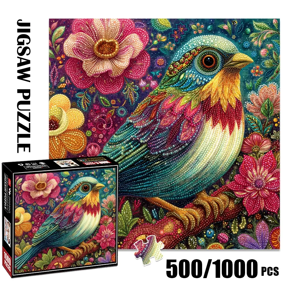1pc 1000 piece adult puzzle 58x58cm Colorful Bird Surrounded by Floral Patterns Birdie Jigsaw Puzzle 500 pieces of paper puzzle, suitable for adults and families, large-scale DIY puzzle interactive toy games, birthday Art Puzzles Gift
