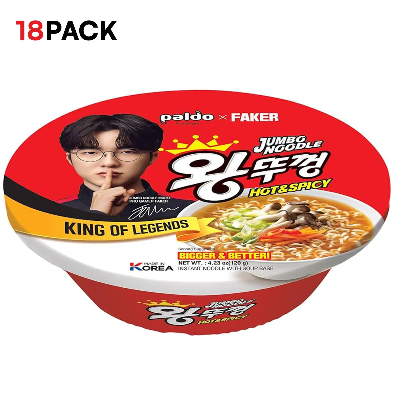 [Paldo Official]Paldo Hot and Spicy Flavor Jumbo Bowl Noodle 4.23oz 120g (Pack of 18)