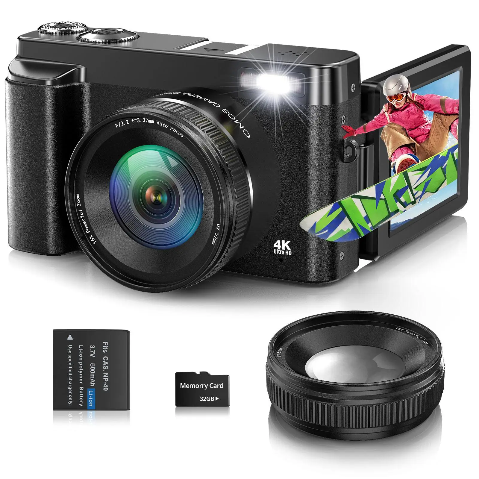 Portable 16x Digital Zoom 4K Digital Camera for Photography, Multipurpose Auto Focus Digital Camera with 3.0 Inch & 180° Flip Screen, Anti-shake Vlogg