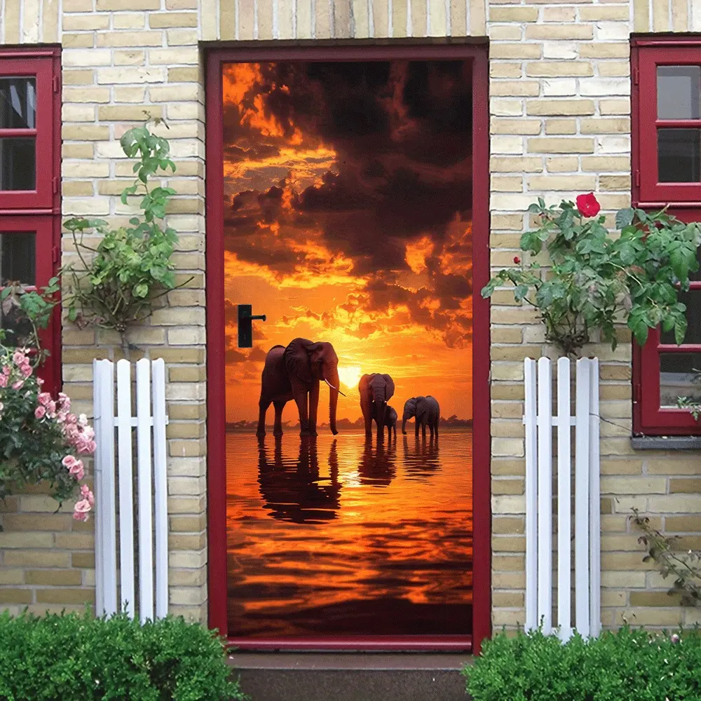 2pcs   African Savanna Elephant Sunset Wall Sticker Removable Self Adhesive PVC Decorative Decal for Living Room Bedroom Home Decor Animal Landscape Wall Art Mural for Kids Room Decoration  Collage