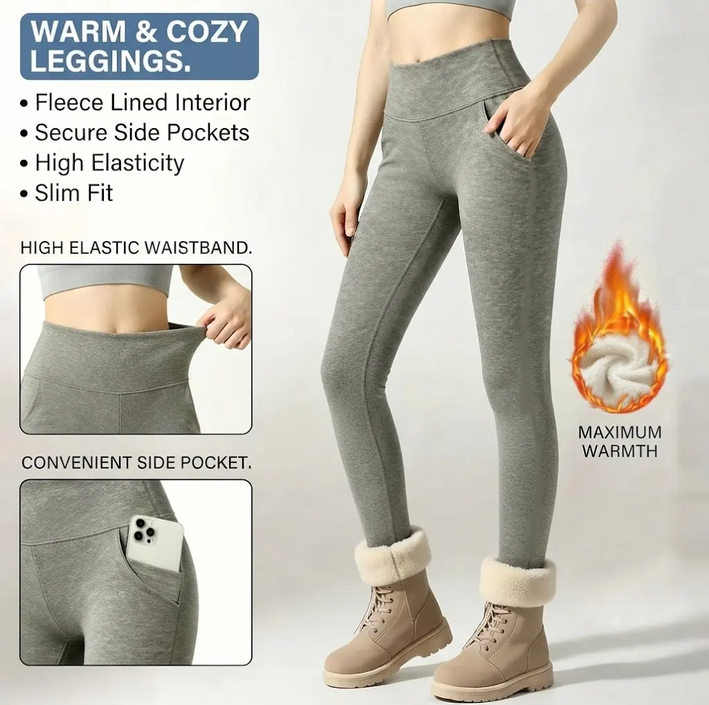 Women's Thick Polyester Sherpa-Lined Thermal Leggings - High Waisted Pants, Leggings Tummy Control, Butt Lifting, Deep Pockets, Slim Fit, Zipper-Free Sportswear - Winter Warm Activewear for Yoga, Cold Weather Wear - Machine Washable Elastic Skinny Pant