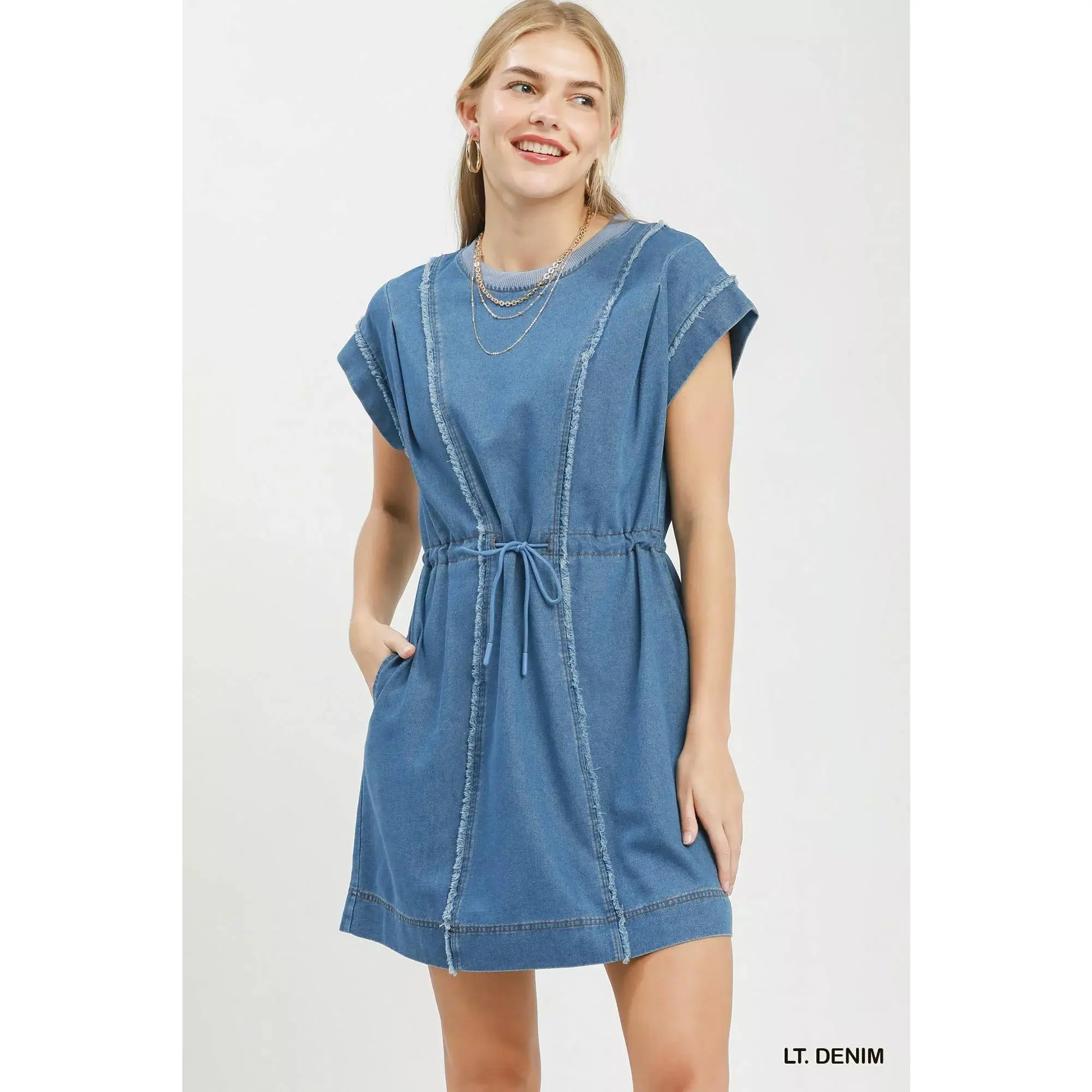 Umgee Drawstring Waist Frayed Denim Mini Dress