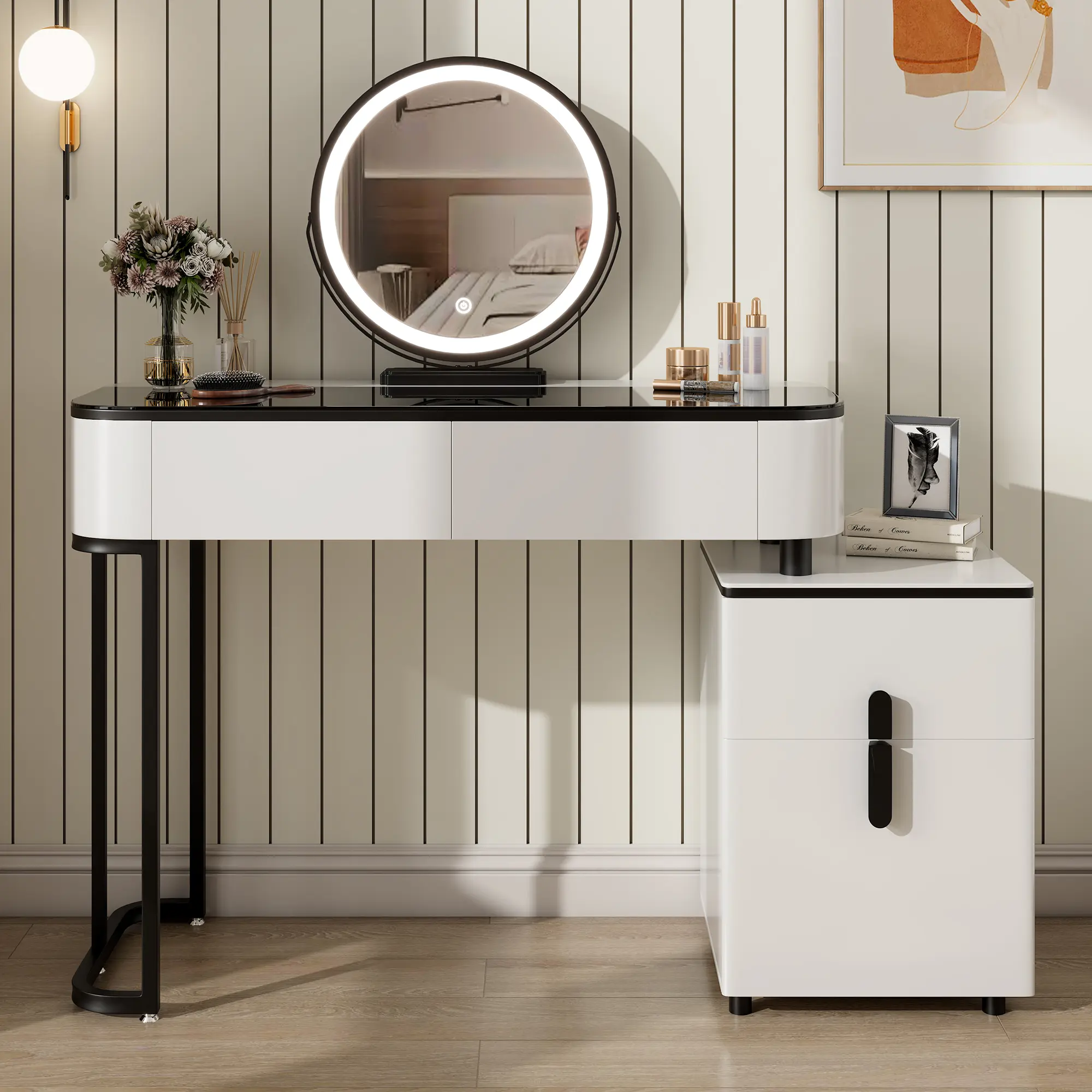 Contemporary Sturdy Makeup Vanity - 39.4" Width Tempered Glass Top Desk, Adjustable Height Legs, Storage Cabinet, Round Mirror, White & Black, for Bedrooms, Dorms (Assembly Required, Indoor Furniture Decor)