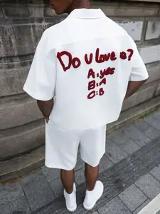 Men's Casual Letter Embroidery Shirt and Shorts Set, Stylish Men's, Comfortable and Trendy Clothing for Everyday Wear
