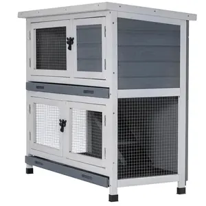 2 Story Solid Wood Rabbit/Bunny Hutch with 2 Large Main Rooms, Indoor Outdoor Rabbit House Guinea Pig Cage Pet House for Small Animals with Ventilation Door Removable Tray Waterproof Roof (Grey)