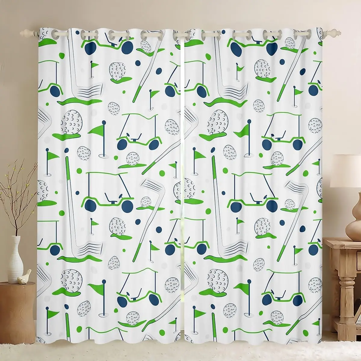 Feelyou Golf Print Curtain Blinds, Soft Velvet 2-Panel Window Covers with Nettings (52x90 in) - 30%-50% Darkening Grommets, Machine Washable, Slide Smoothly, Durable Bedroom Decor for Sports Enthusiasts