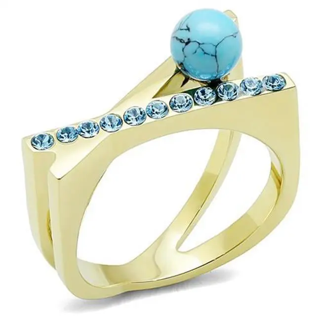 Women's Statement Ring with a Large Synthetic Turquoise Stone, IP Gold Plated Stainless Steel Fashion Jewelry - Size 9, Female Ring